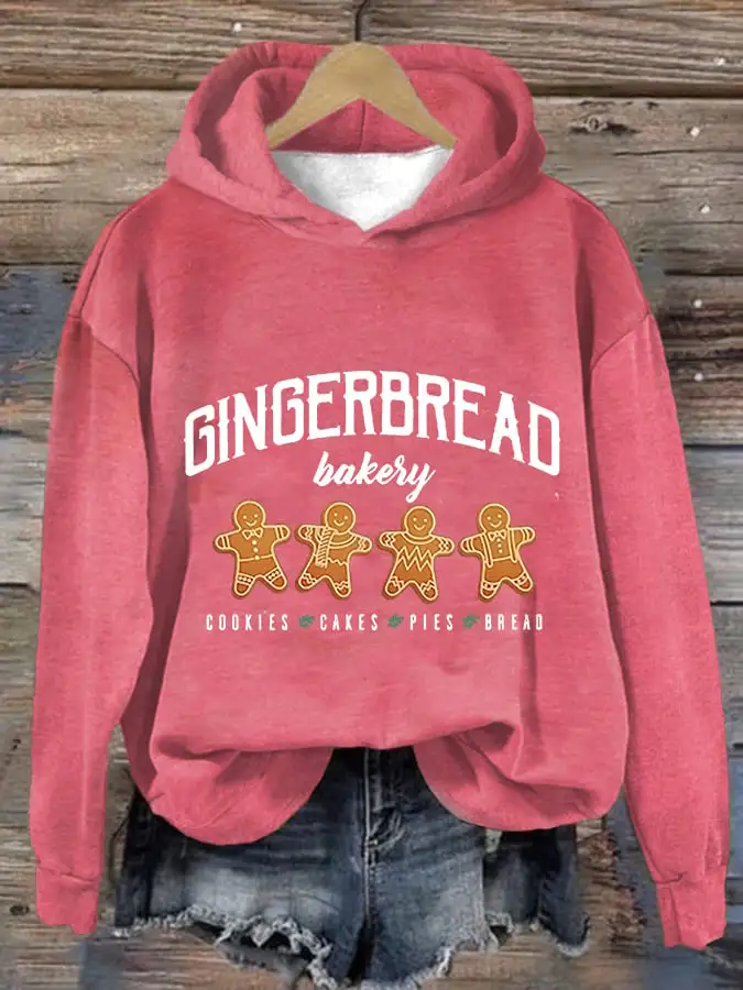 Women's Gingerbread Bakery Cookies Cakes Pies Bread Print Casual Hooded