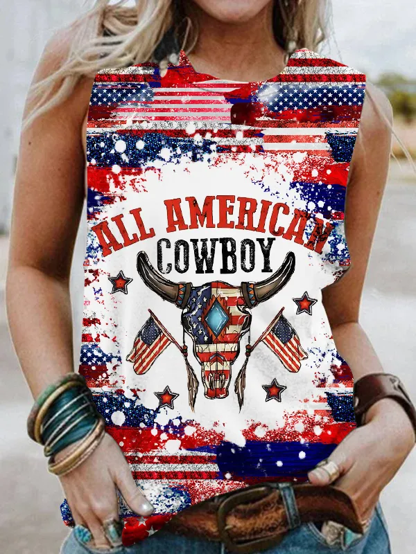 All American Cowboy Bull Skull Graphic Tank Top