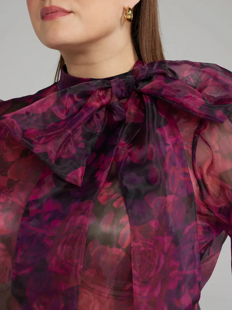 Bow Detail Floral Print Sheer Blouse