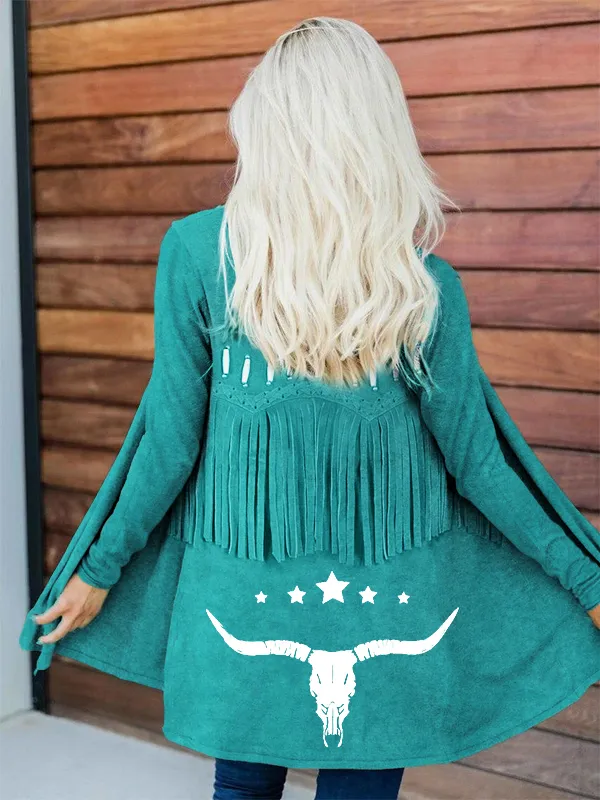 Vintage Western Fringe & Bull Skull Art Flowy Cardigan