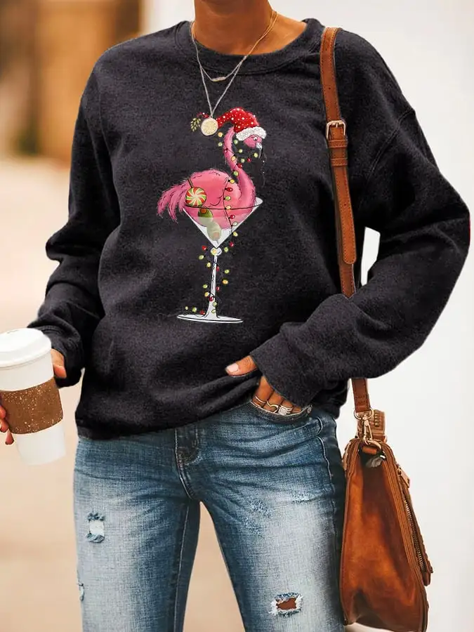 Women'S Casual Merry Flockin' Christmas Printed Long Sleeve Sweatshirt