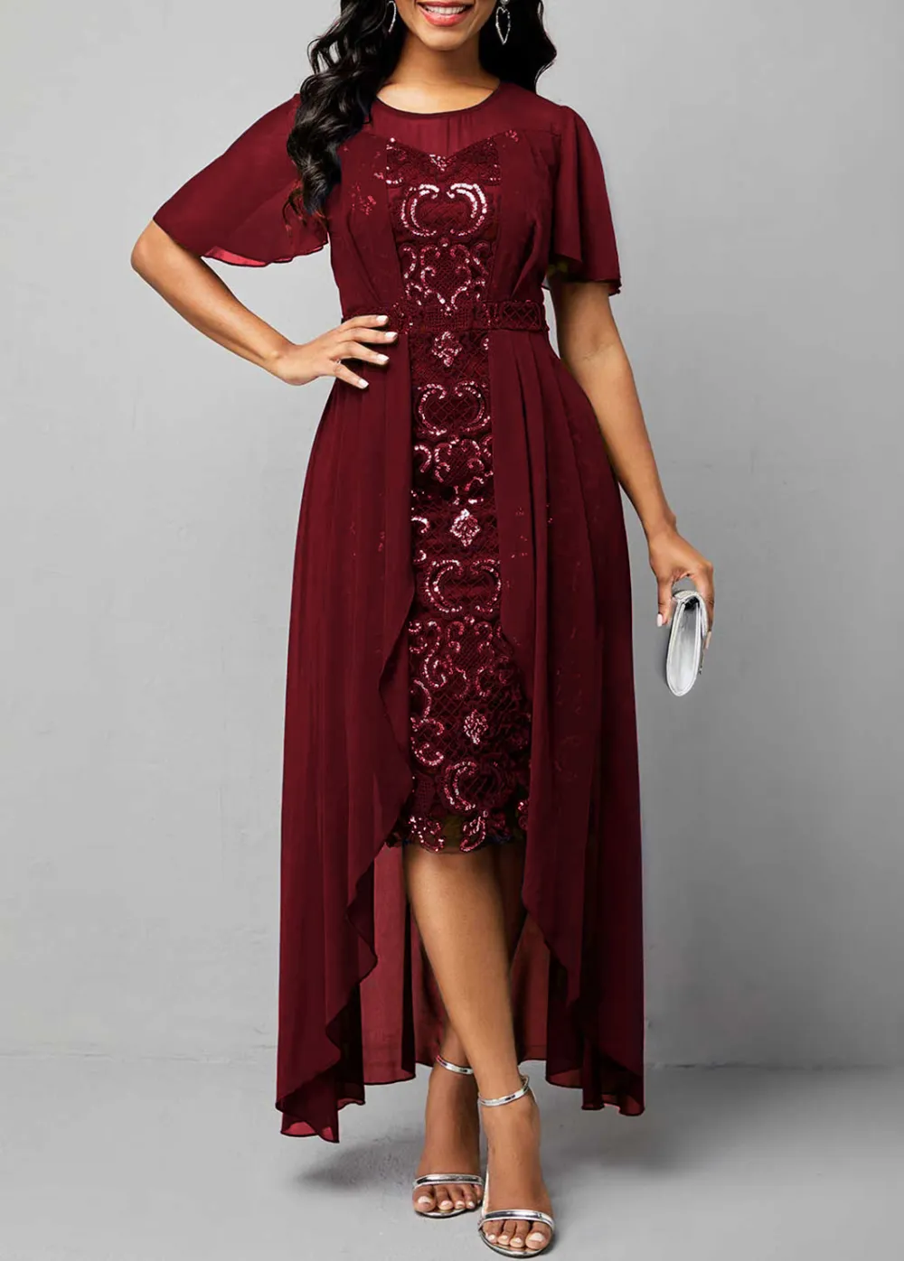 Sequin Embroidered Chiffon Round Neck Dress