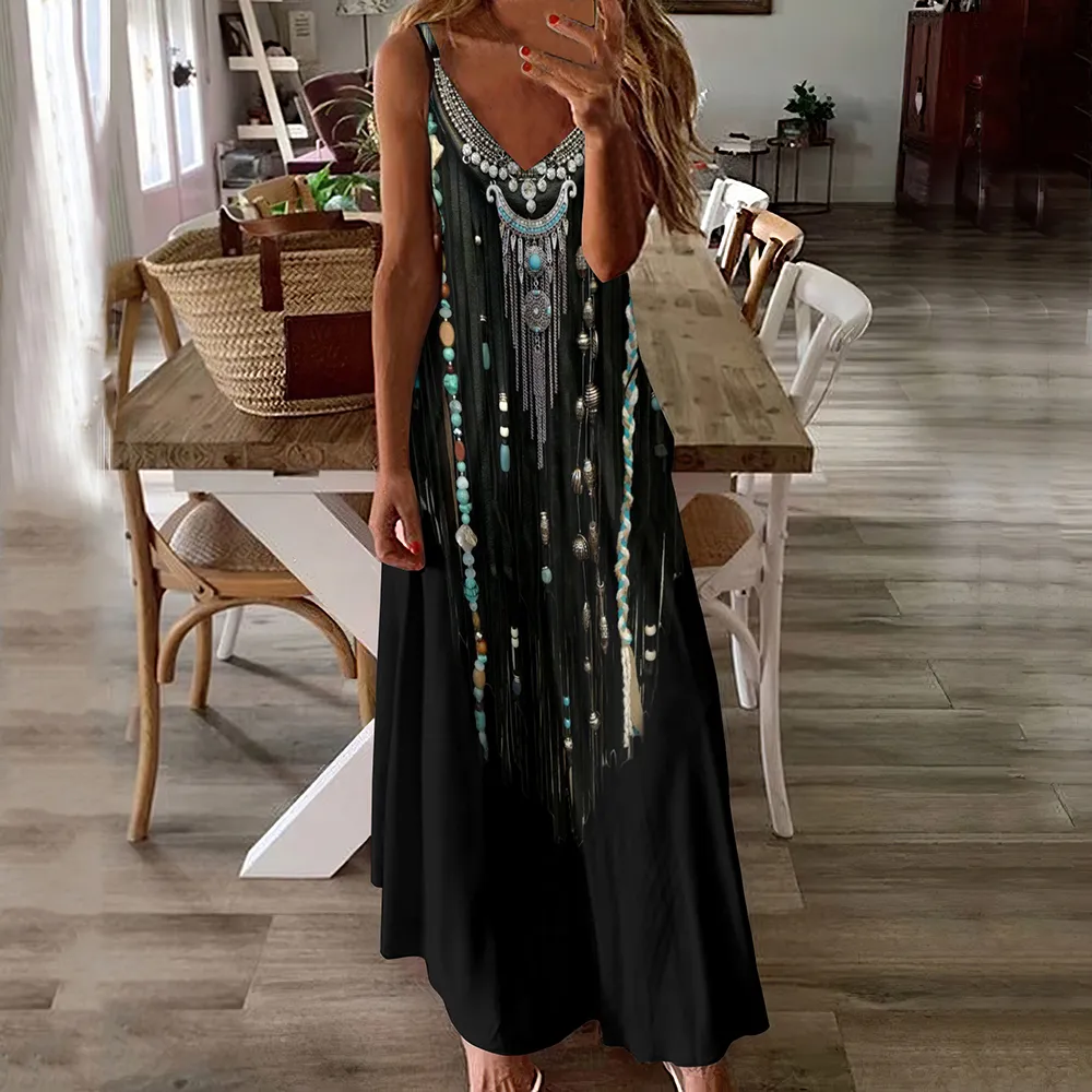 Western Tribal Tassel Bead Print V Neck Maxi Dress