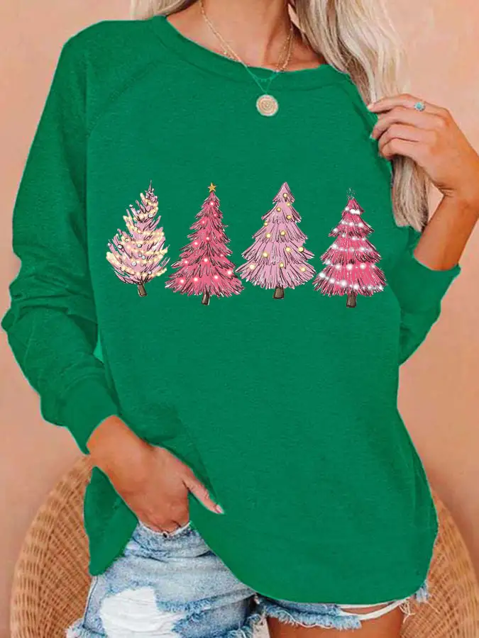 Women's Pink Christmas Tree Print Sweatshirt