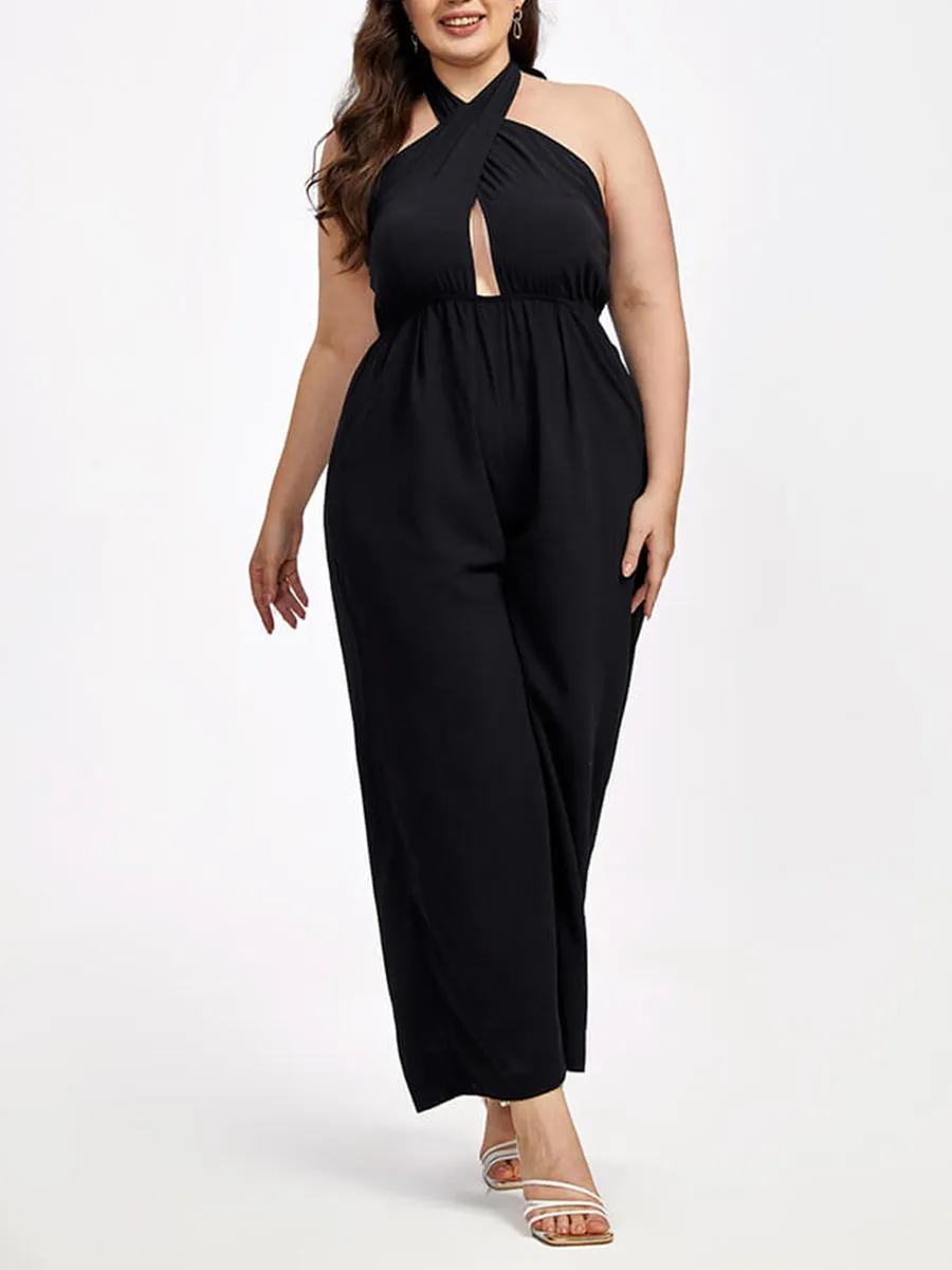 Plus Black Halter Crisscross Pocket Elastic Waist Wide Leg Jumpsuit