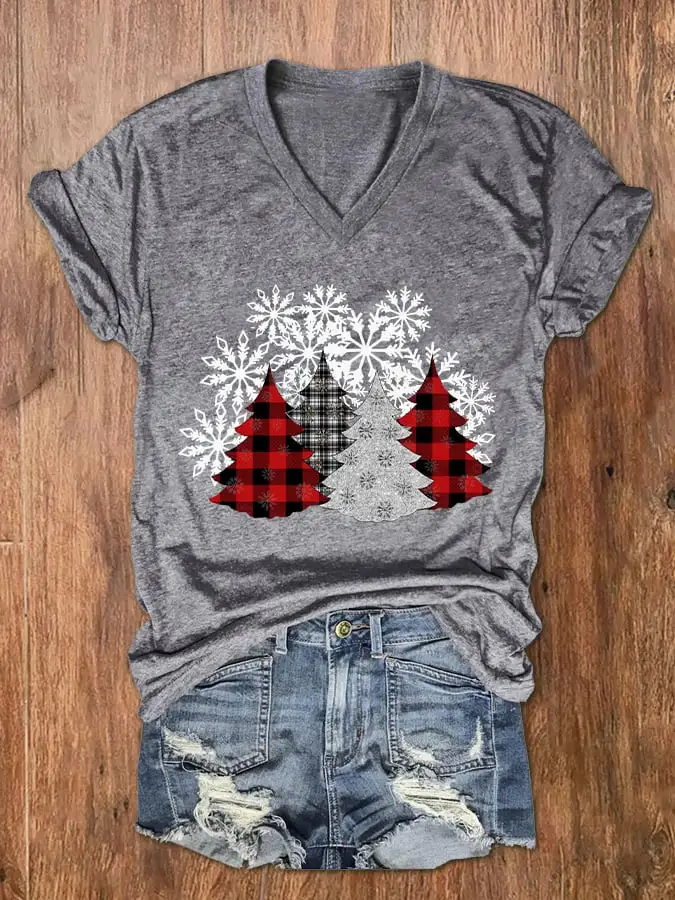 Women's Check   Tree Print V-Neck T-Shirt