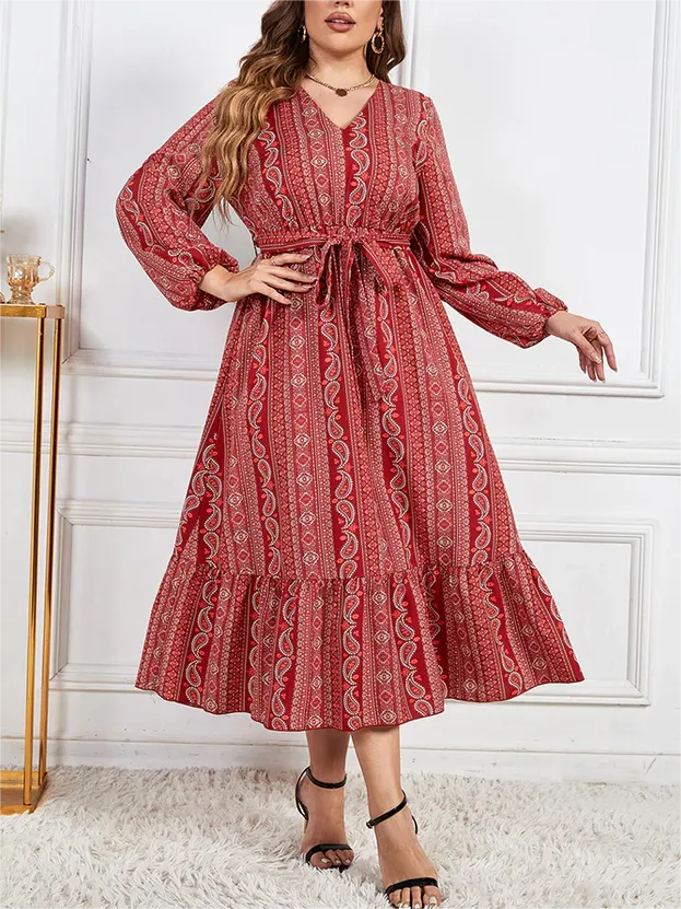 Plus Bandana Print V-Neck Lantern Sleeve Ruched Maxi Dress