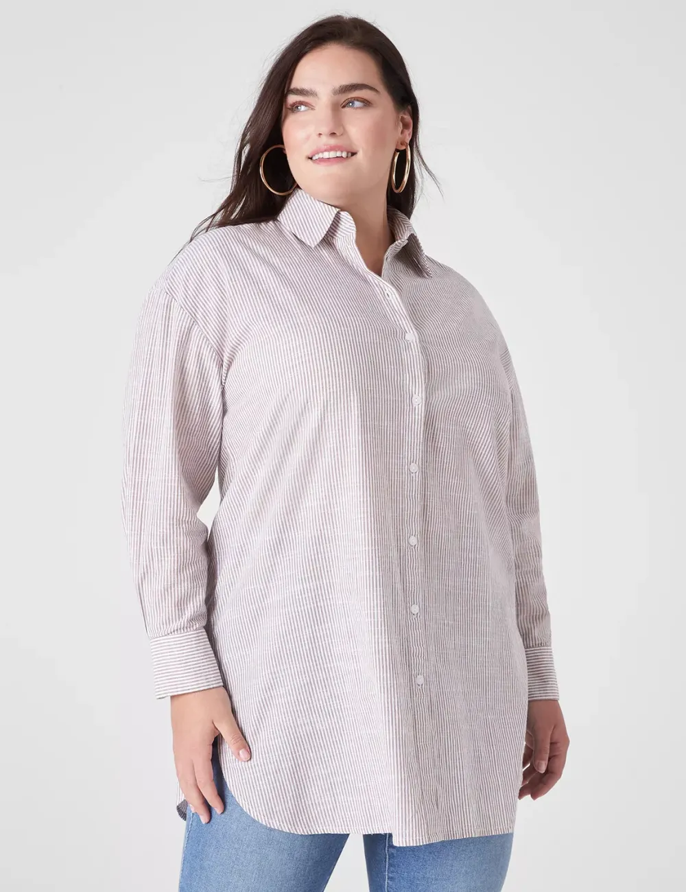 Long-Sleeve Collared Button-Down Tunic