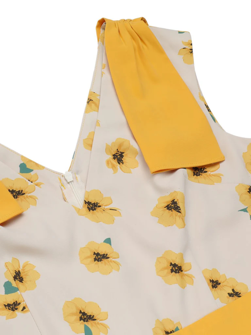 YELLOW 1940S V-NECK SUNFLOWER PATCHWORK JUMPSUIT