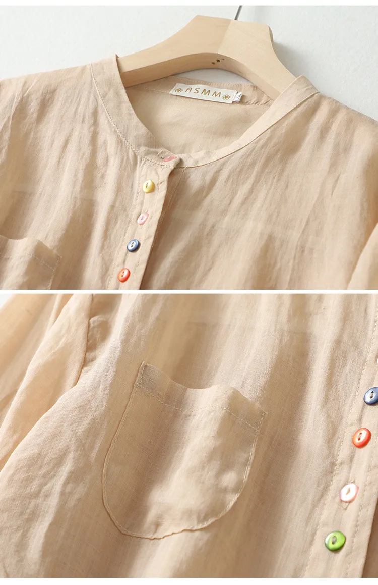 Art retro cotton linen color button irregular shirt