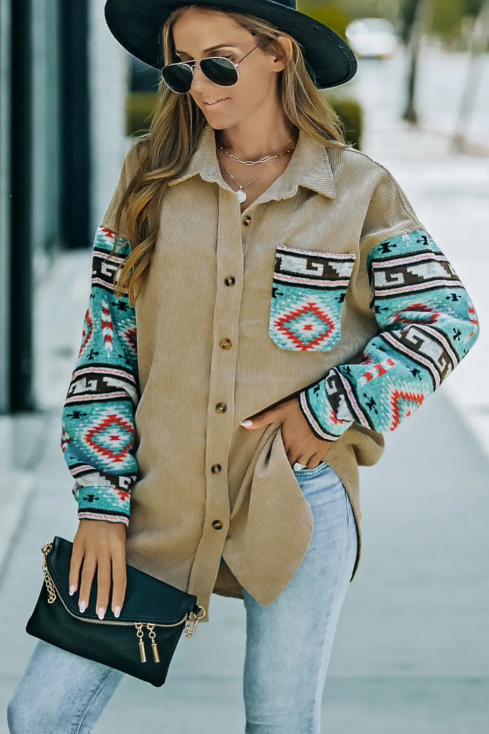 Aztec Pattern Sleeve Pocketed Corduroy Shacket