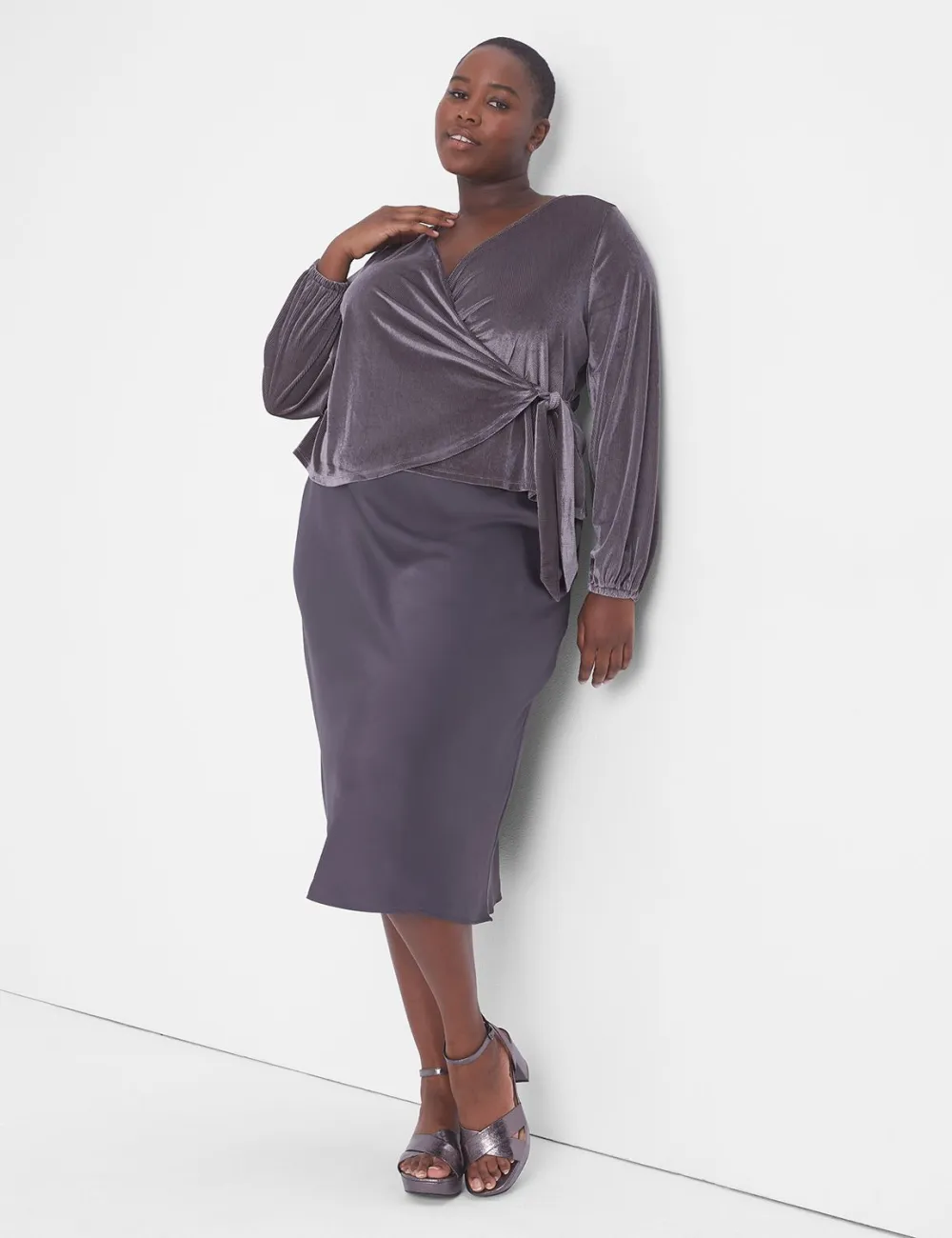 Classic Blouson-Sleeve Surplice Tie Velour Top