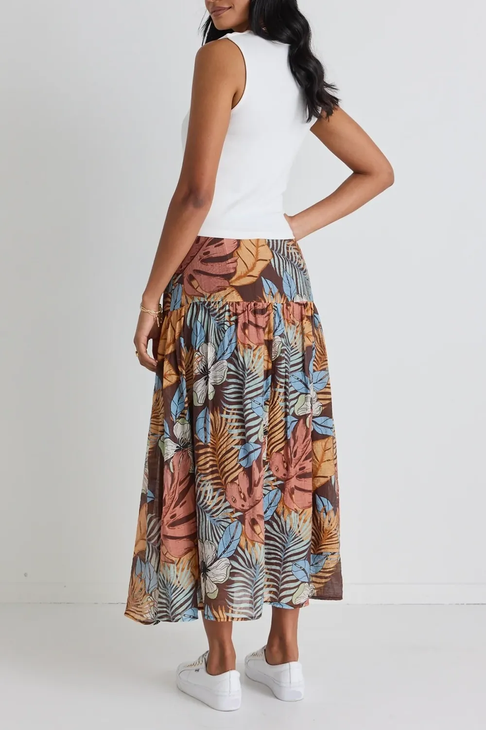 Sway Tropical Chocolate Print Flat Basque Midi Skirt