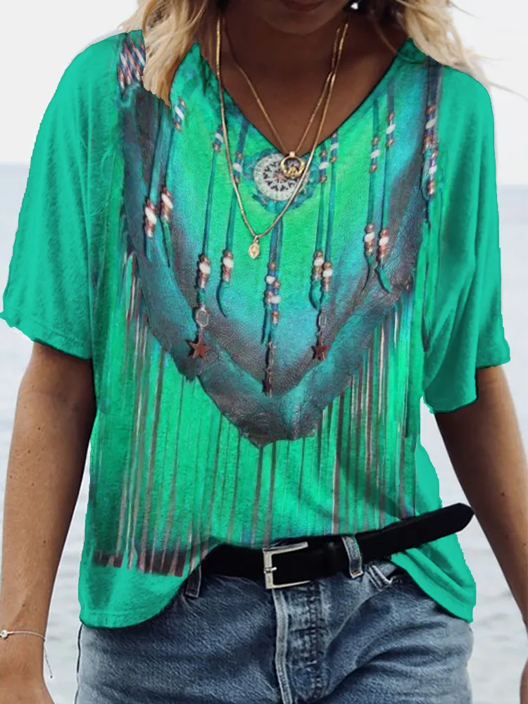 Western Leather Fringe Pattern V-Neck T-Shirt