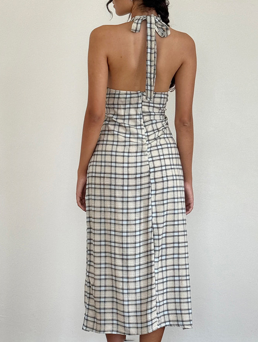 Lenata Halterneck Midi Dress In Pastel Blue Tartan