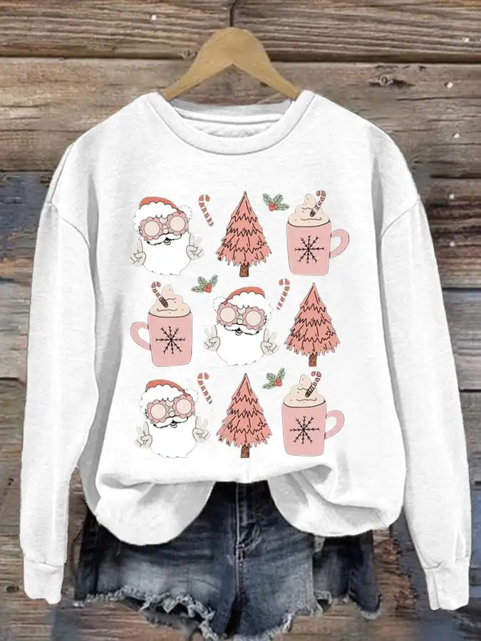 Women's Vintage Santa Print Long Sleeve Sweatshirt