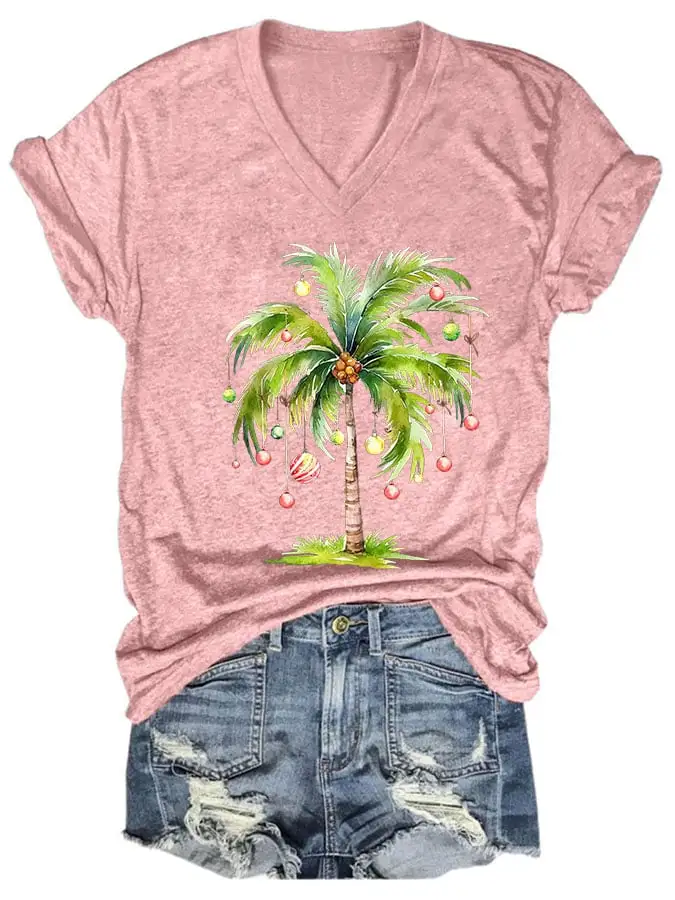 Women's Casual Christmas Palm Tree Printed Short Sleeve T-Shirt