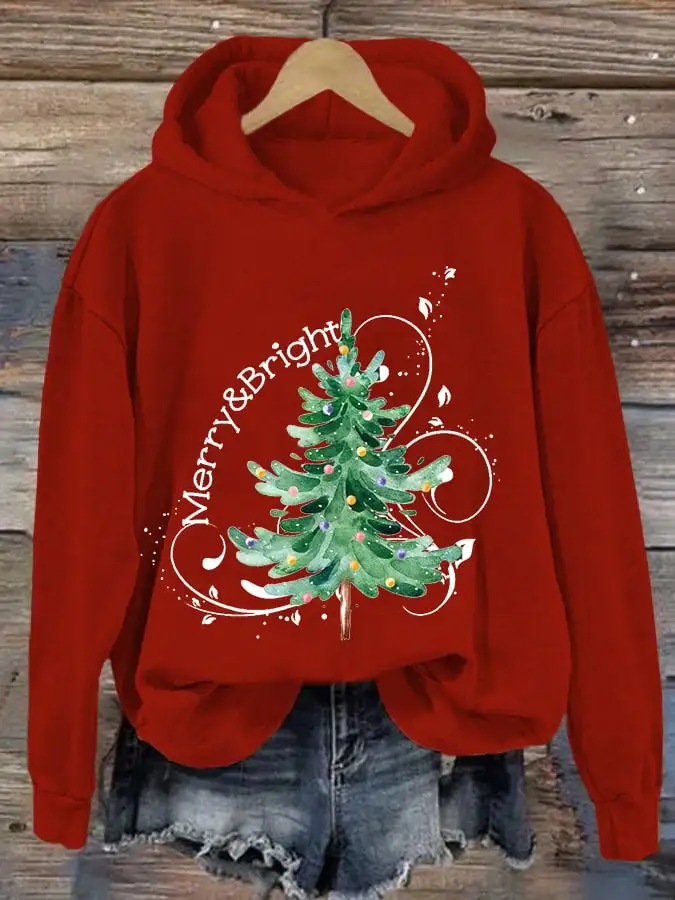 Women's Merry And Bright Christmas Tree Casual Hoodie