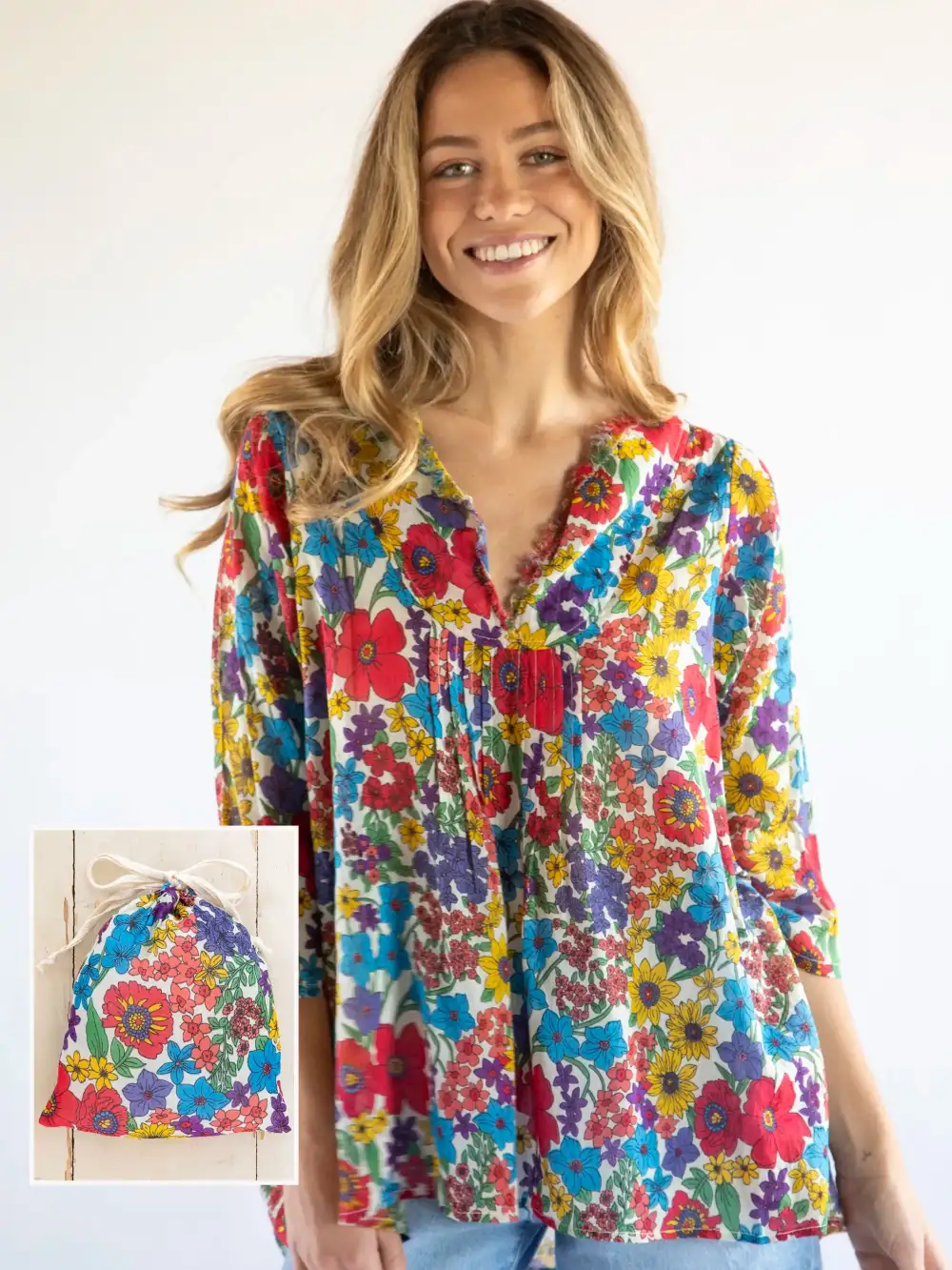 Cotton Tunic-In-A-Bag - Red Yellow Blue Floral