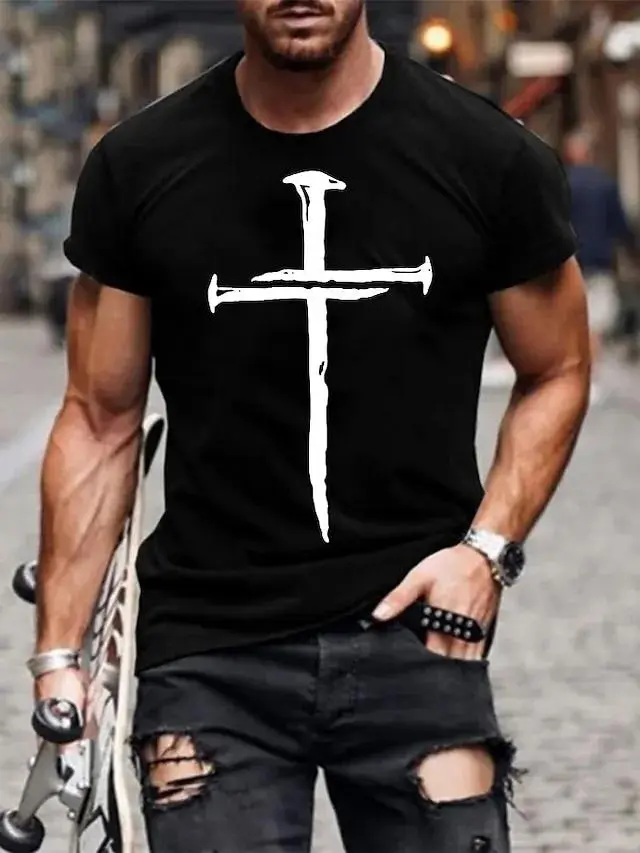 Men's Cross T shirt Tee 100% Cotton Short Sleeve Graphic Shirt Wine Heather Gray Black Comfortable Tee Casual Vacation Fashion Designer Clothing