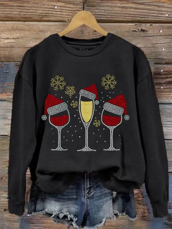 Women's Christmas wine glass print sweatshirt