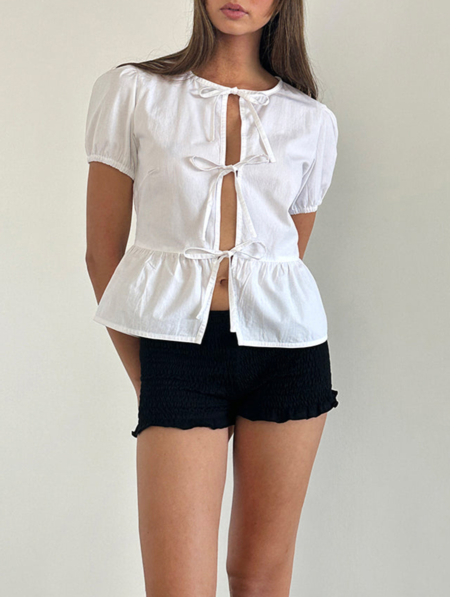 Ryota Tie Front Blouse In White With White Binding