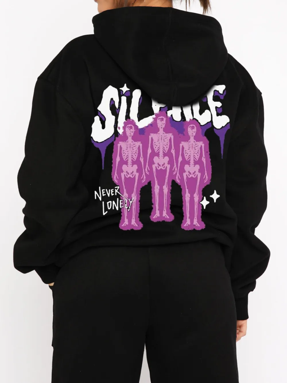 SILENCE NEVER LONELY PATTERN PRINTED HOODIE