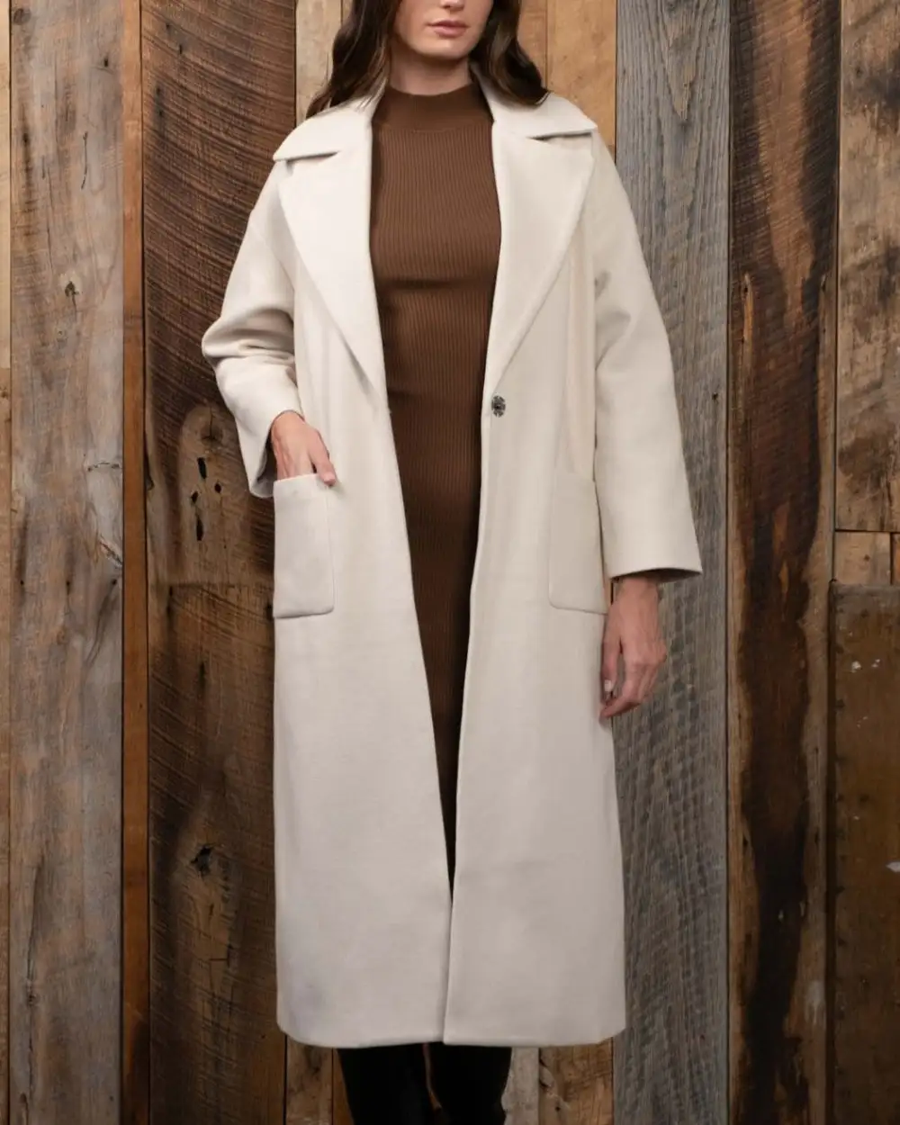 Longline Solid Button Closure Coat - Oatmeal