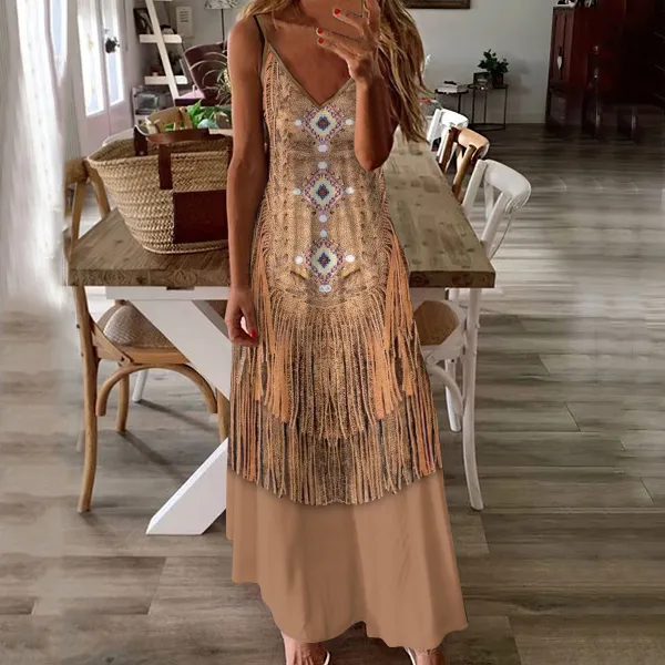 Western Ethnic Tassel Print V-Neck Suspender Maxi Dress