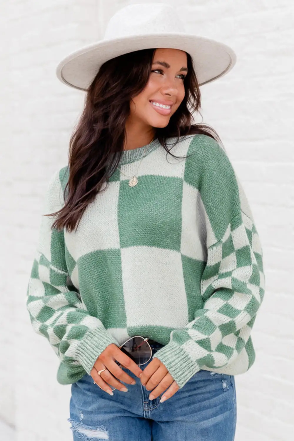 Checkered Print Drop Shoulder Sweater