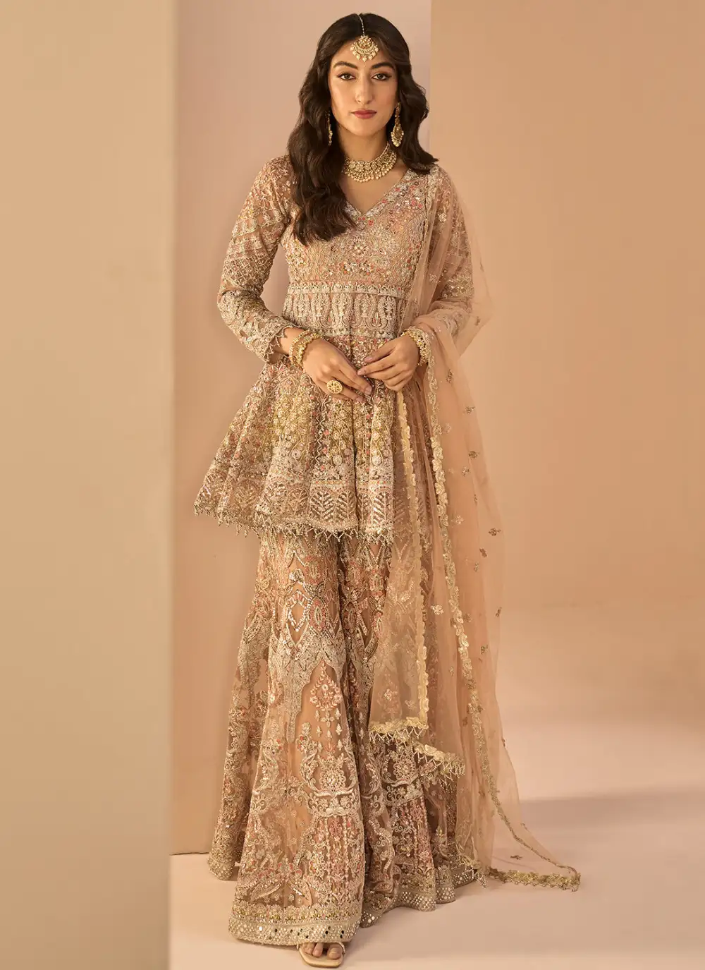 Dusty Peach Embroidered Sharara Suit