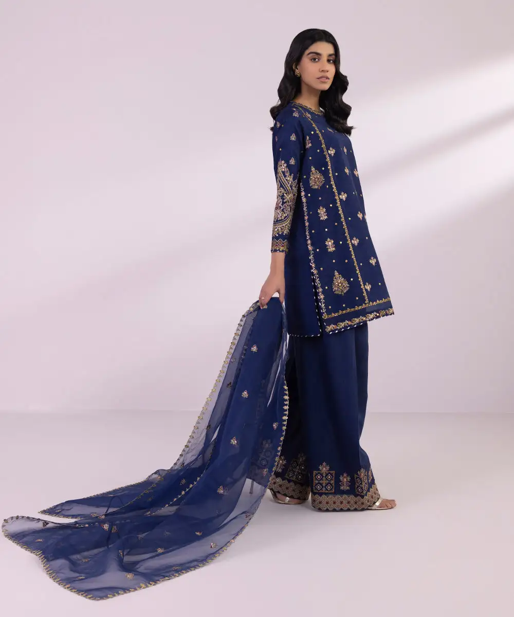 3 Piece - Embroidered Raw Silk Suit