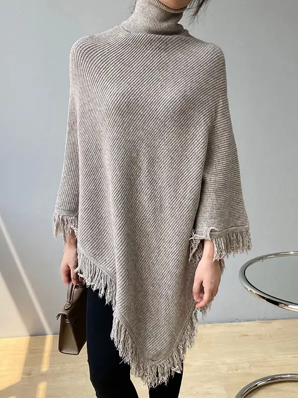 Casual Loose Tasseled Solid Color High-Neck Sweater Tops