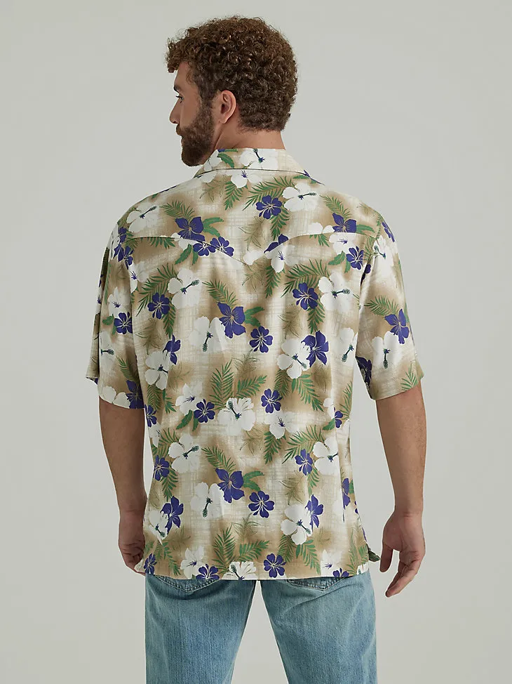 WRANGLER® COCONUT COWBOY SNAP FRONT CAMP SHIRT IN HIBISCUS ON TAN