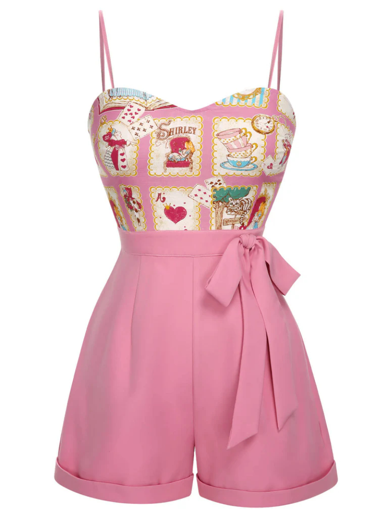 PINK 1950S CARTOON PATTERN SPAGHETTI STRAP ROMPER