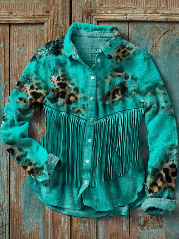 Leopard Cowhide Turquoise Fringe Casual Blouse