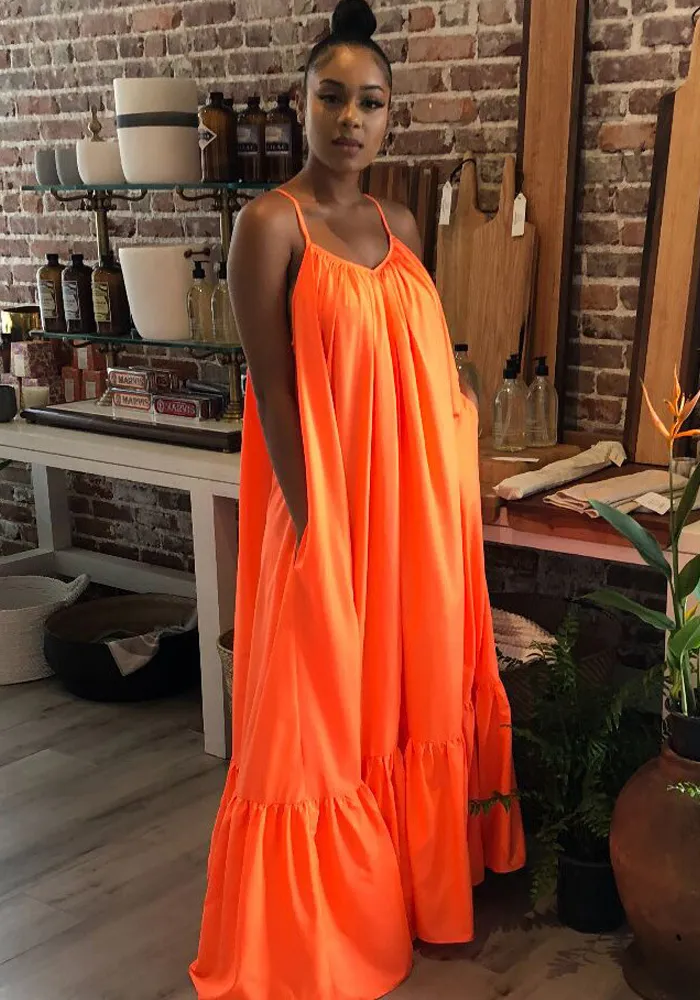 Women Summer Orange Strap Solid Color Boho Swing Long Maxi Dress