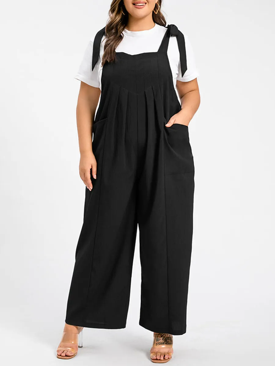 Plus Black Tie Shoulder Pocket Ruched Cami Jumpsuit