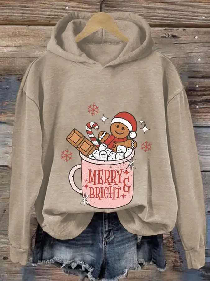 Women's Gingerbread Christmas Merry And Bright Print Casual Hooded