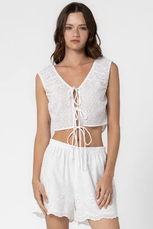 Eyelet Shirred Ribbon Tank