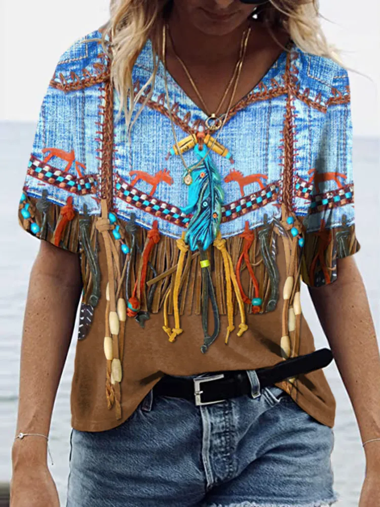 Vintage Western Fringed Denim Print Short Sleeve T-Shirt