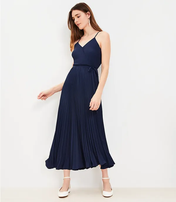 Pleated Crossover Strappy Midi Dress