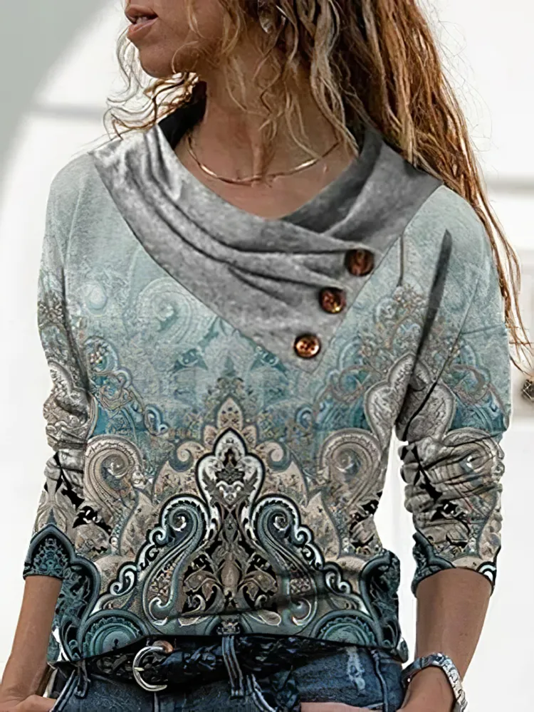 Vintage Print Patchwork Pile Collar Long Sleeve T-Shirt