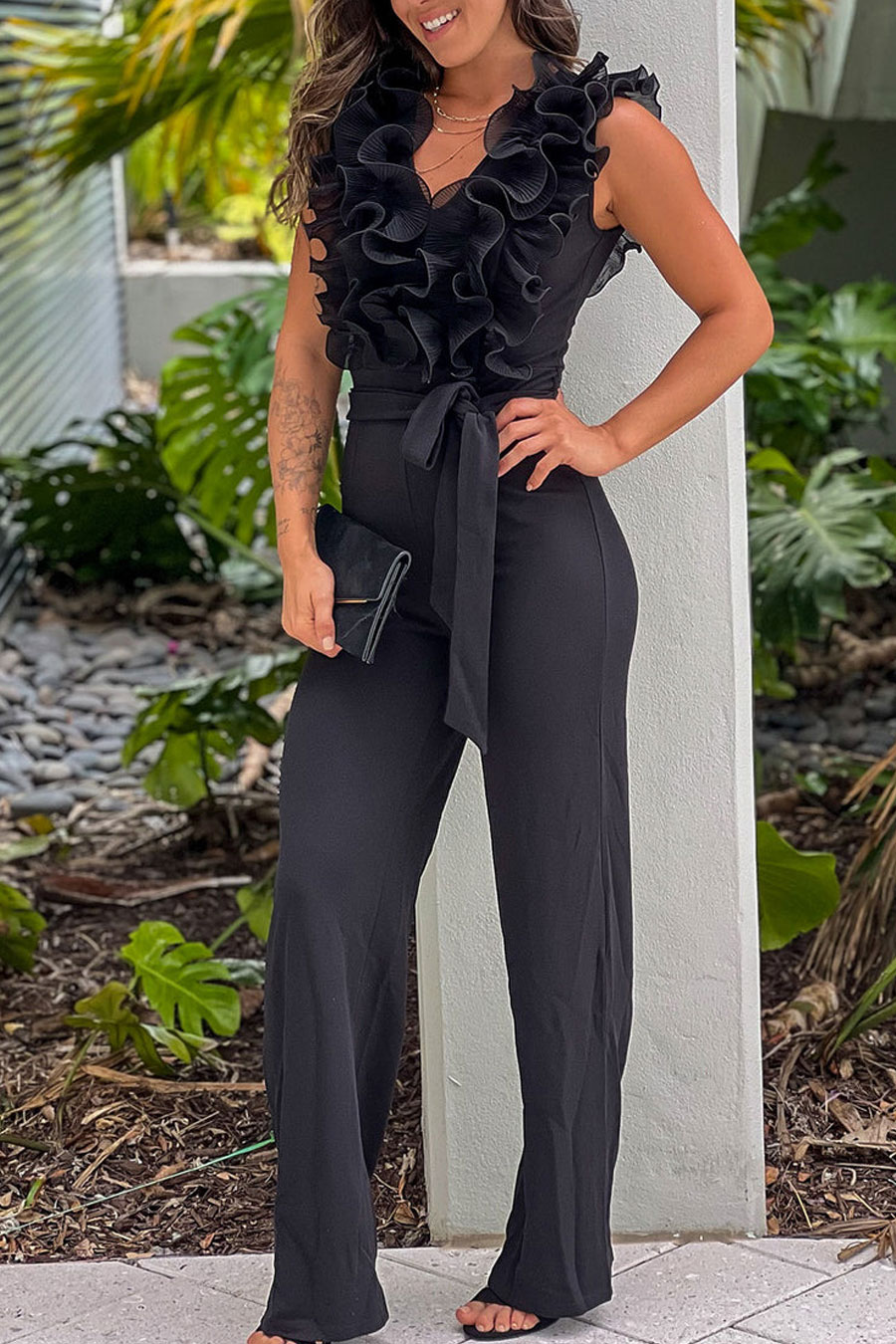 Black Jumpsuit With Ruffle Top