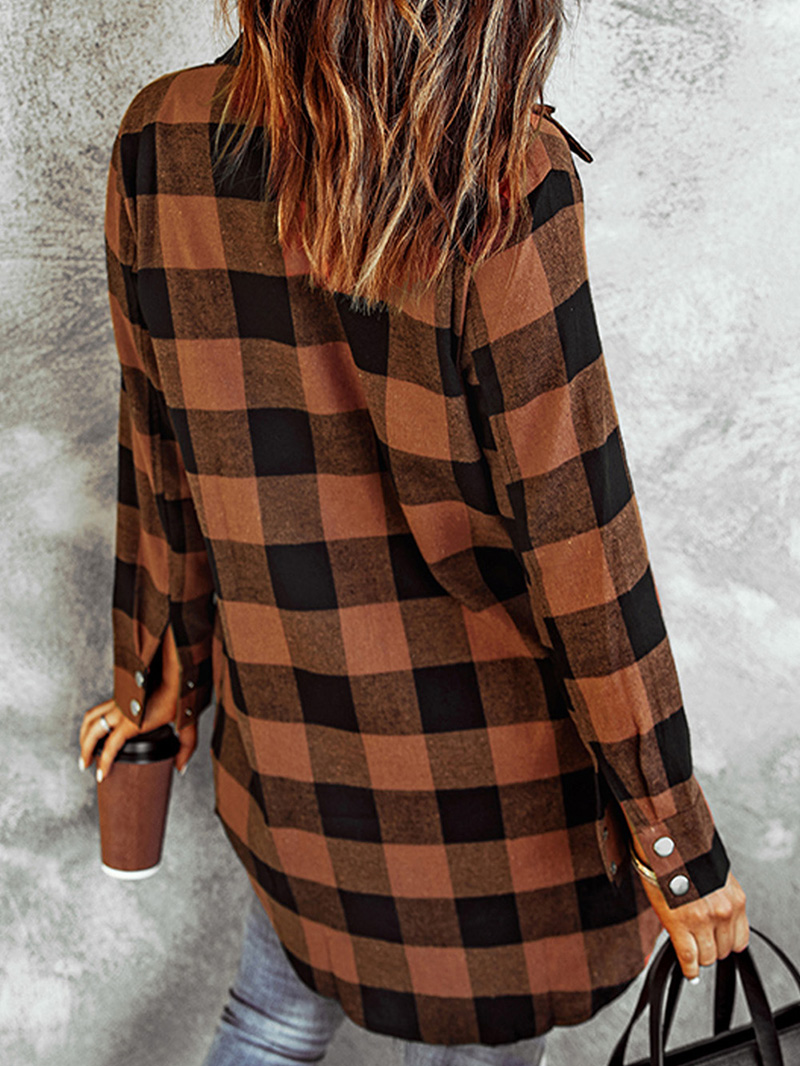 Brown Turn-down Collar Plaid Shirt Coat