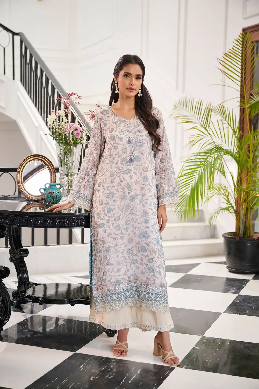 SKY BLUE 3PCS  EMBROIDERED KURTA WITH TROUSER