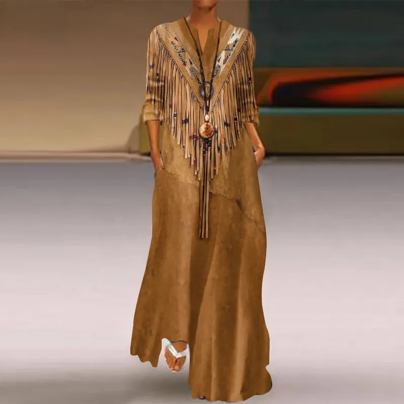 Vintage Tassels Ethnic Geometric Pattern Casual Maxi Dress