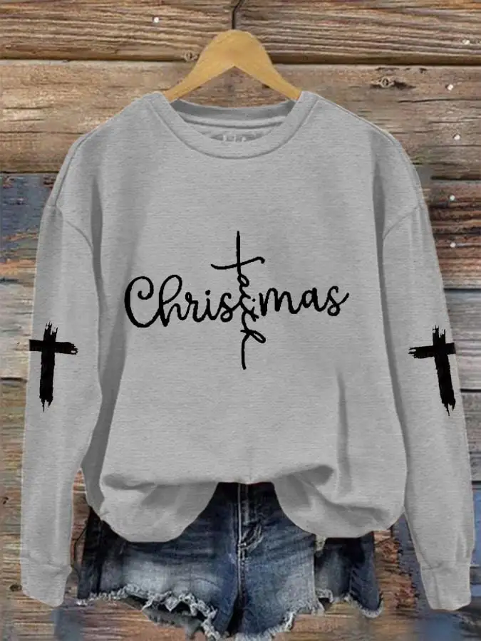 Women's Christmas Faith CRoss Print Crew Neck Sweatshirt