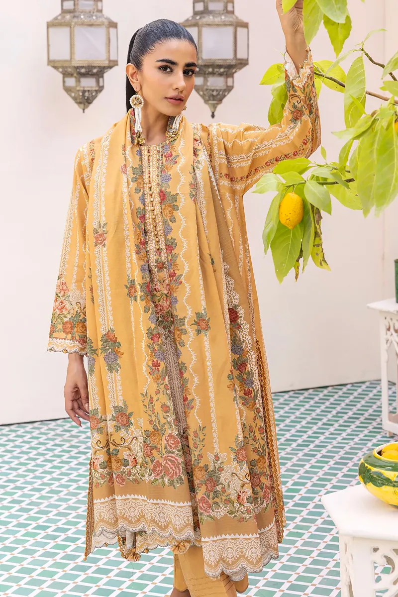 3 Piece Kurta Embroidered | Dupatta& Bottom & Tops | Color Ginger yellow