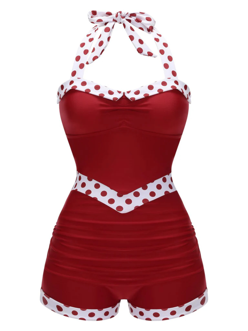 RED 1940S HALTER PATCHWORK ONE-PIECE SWIMSUIT